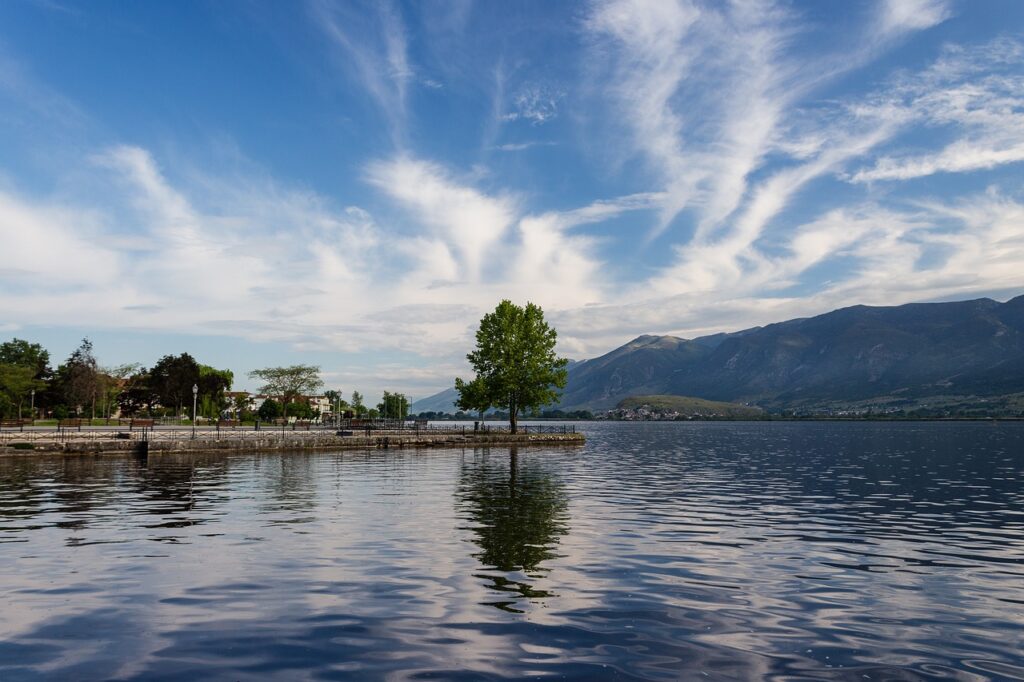 tree, lake, water, nature, landscape, clouds, waters, sky, reflection, scenic, mountains, idyllic, mirroring, summer, romantic, greece, ioannina, pamvotis lake, blue mirror, ioannina, ioannina, ioannina, ioannina, ioannina